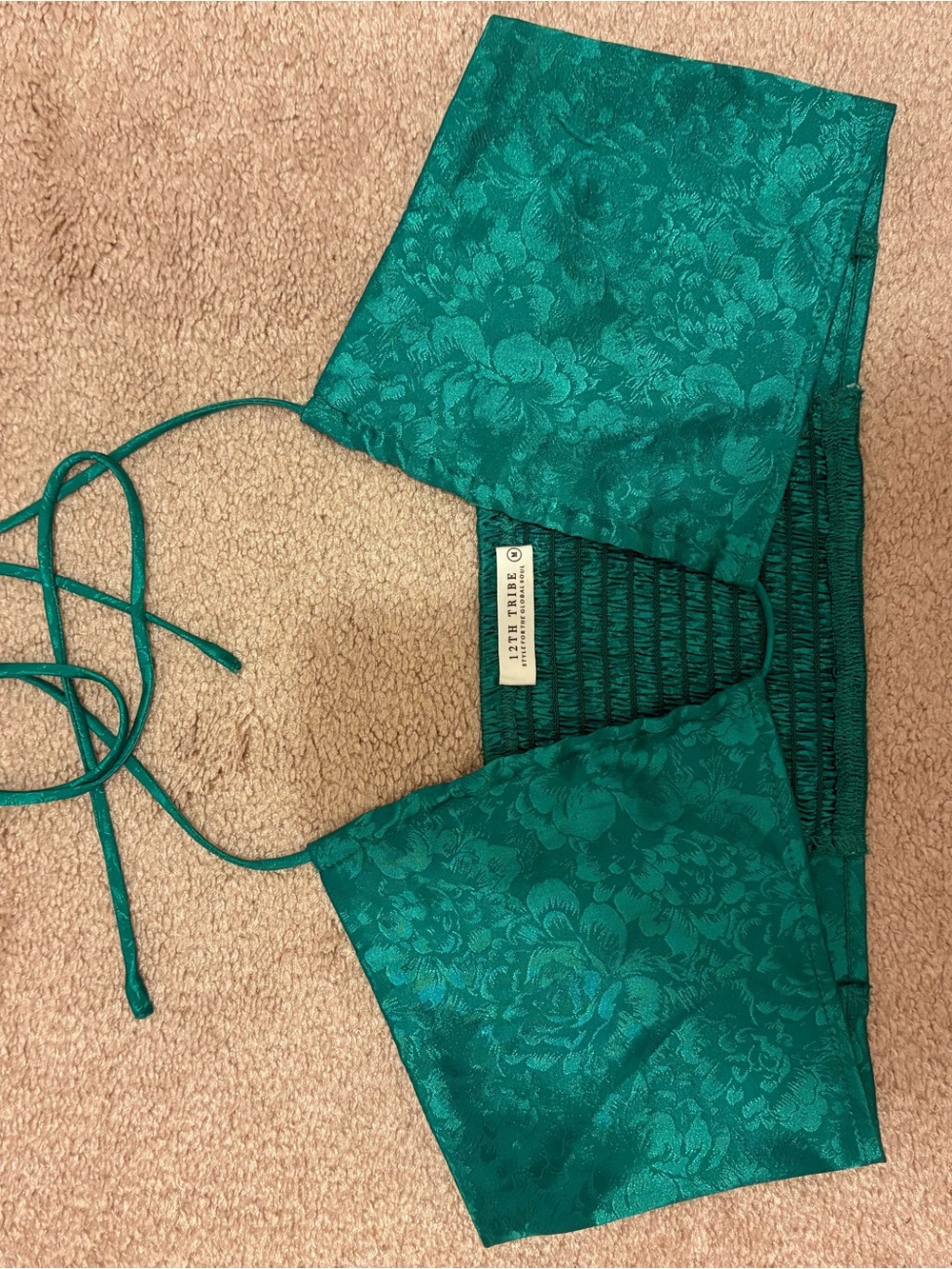 12TH TRIBE Emerald Green Floral Jacquard Halter Crop Top & Shorts Set - Picture 7 of 8